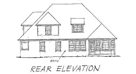 Rear elevation drawing of a house plan, showing multiple gables, dormers, and a covered entry.