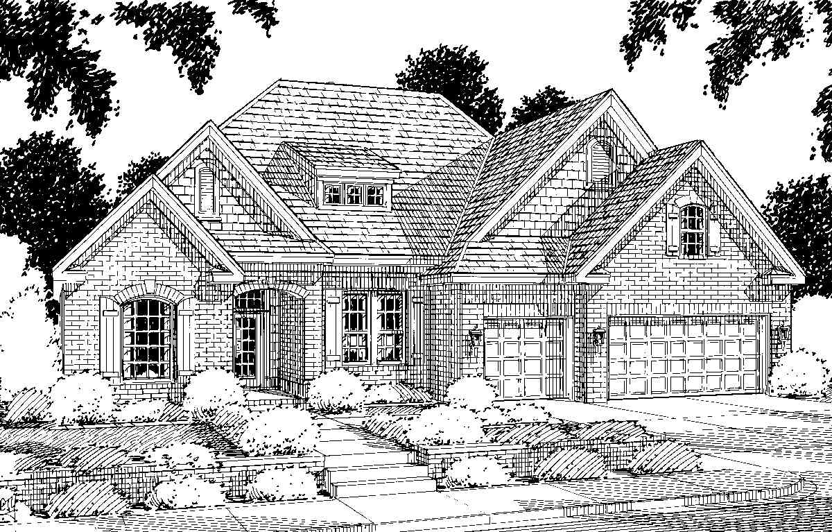 House plan exterior: Two-story brick home with arched entry, dormer window, and attached three-car garage.