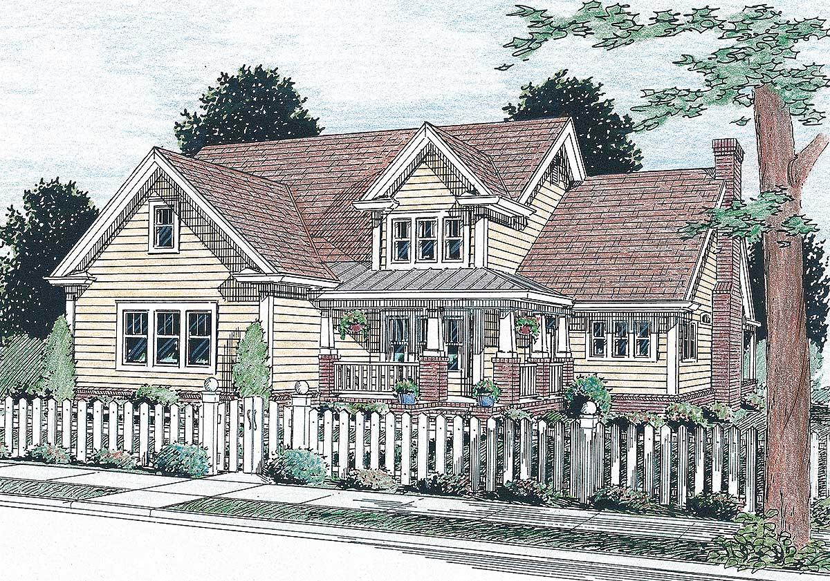 House plan exterior showing a two-story Craftsman-style home with a covered porch, gables, and a white picket fence.
