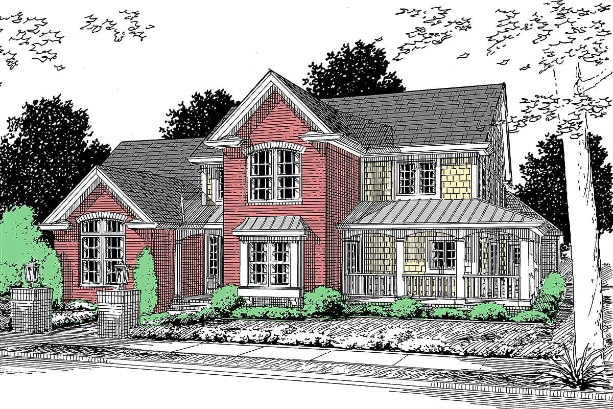 House plan exterior: two-story dwelling with gambrel rooflines, prominent gables, a wraparound porch, and brick and shingle facade.