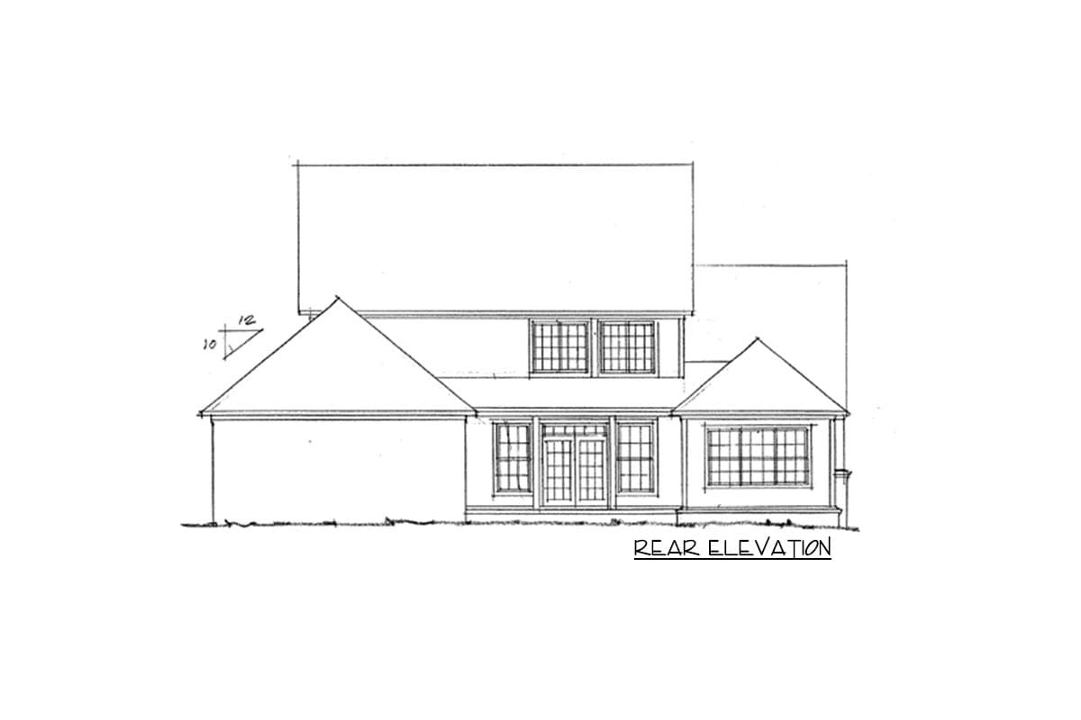 Rear elevation drawing of a two-story house with gabled wings, central dormers, and a covered entryway.