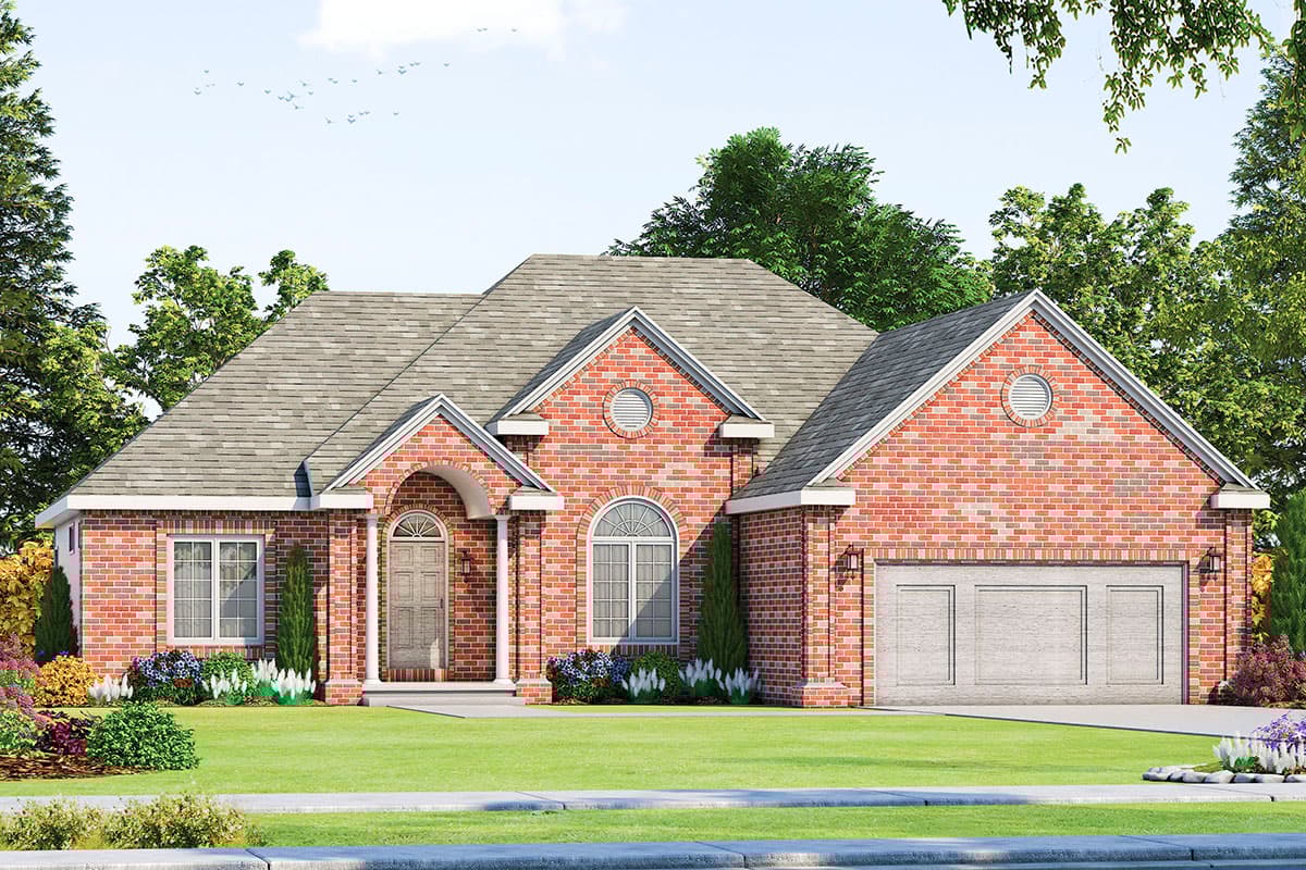 House plan exterior. One-story brick home with gabled roof, arched entry, and two-car garage. Features circular vents in the gables.