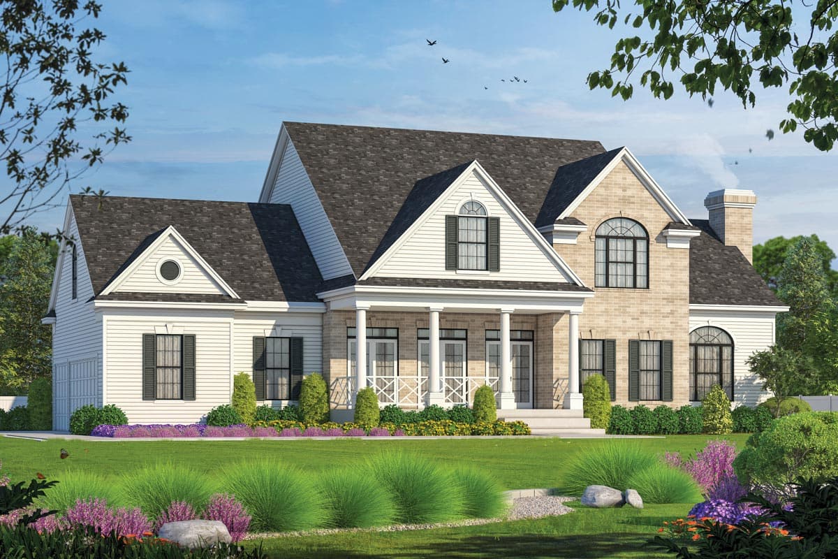 House plan exterior: Two-story Modern Farmhouse with a covered porch, brick accents, gables, and a side-entry garage.