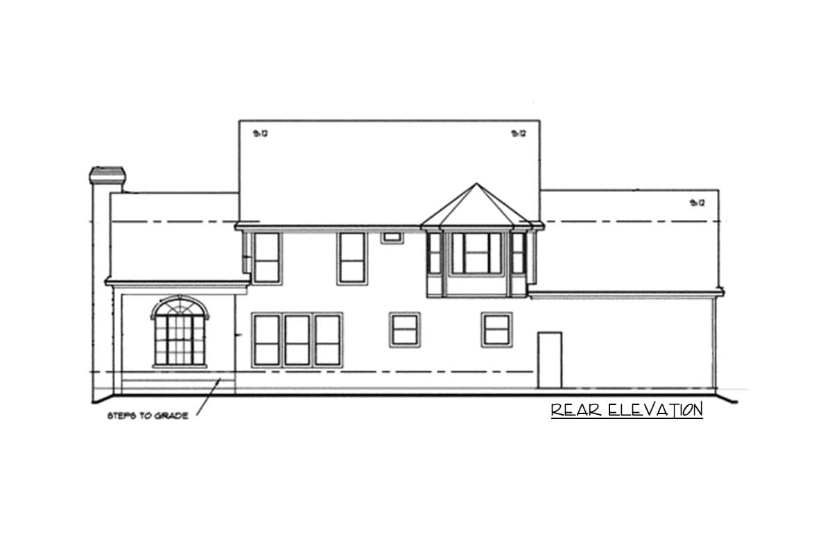Rear elevation of a two-story house plan with a prominent roof, bay window, and arched window.