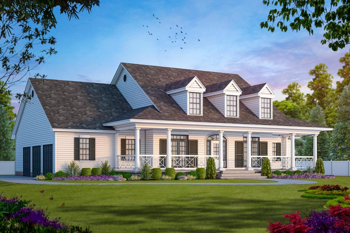 House plan exterior: Ranch style, one story, white siding, full-length front porch, three dormers, attached three-car garage.