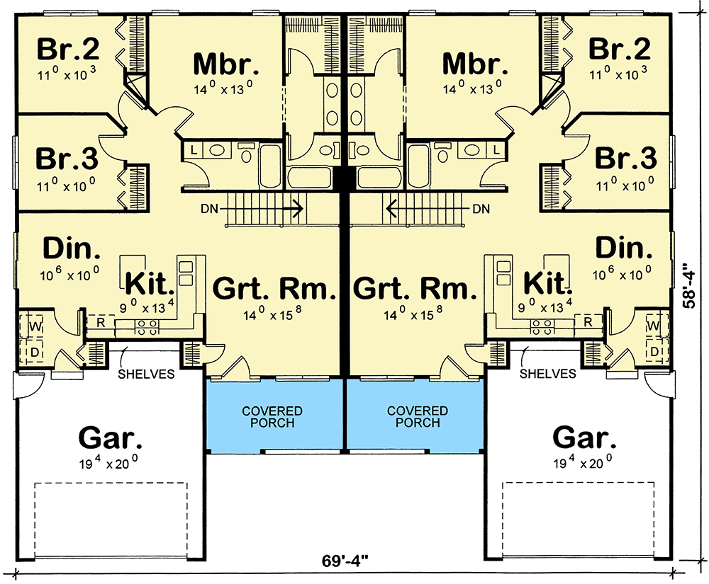 Plan 40393DB: Traditional Multi-Family Home Plan with Matching 3 Bedroom 2 Bathroom Units - 1311 Sq Ft Each - Floor Plan - Main Level - Country, Traditional