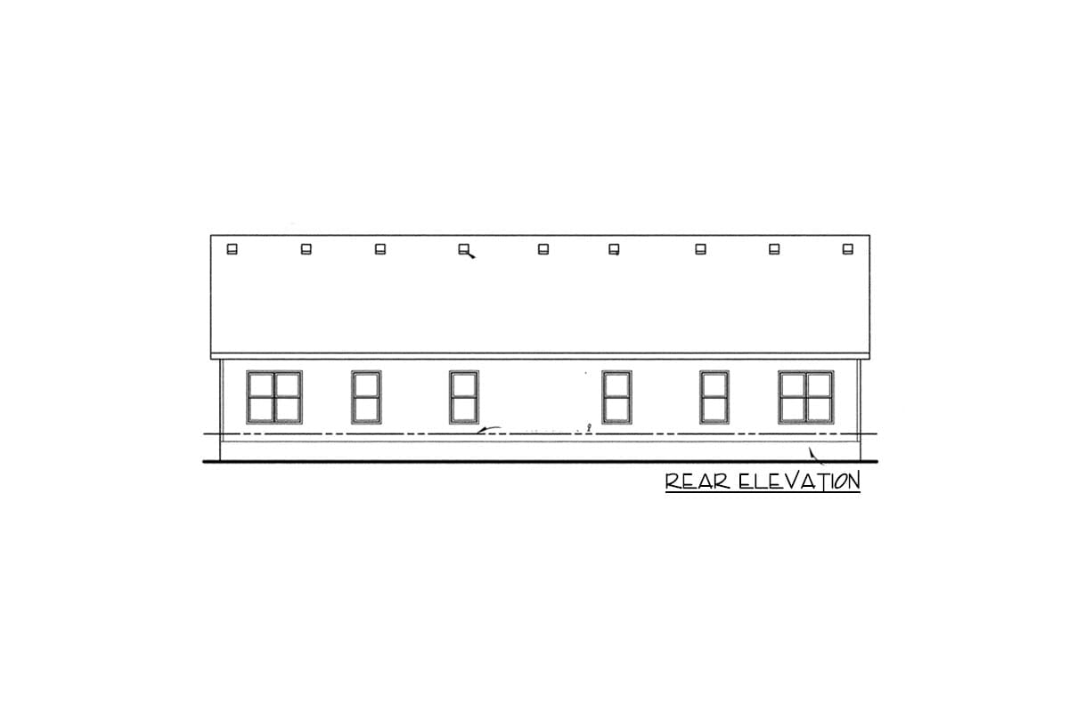 Rear elevation drawing of a house plan with a gable roof and six windows.