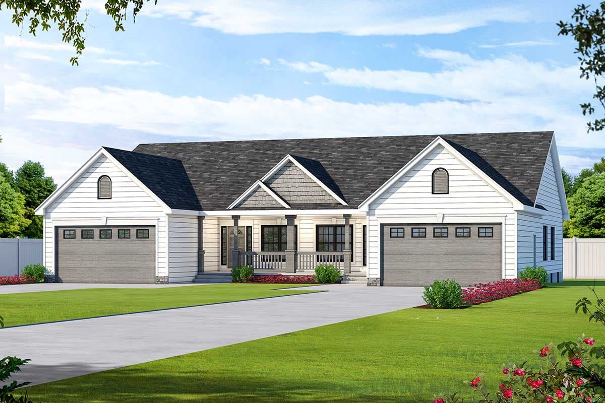 House plan exterior: Ranch style, single-story with central covered porch, two garage bays, and arched gable windows.
