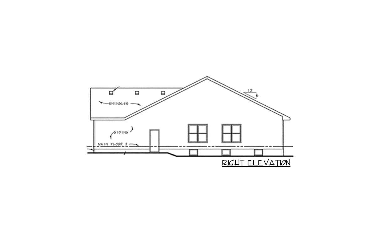 Architectural drawing, right elevation showing siding, roof shingles, two windows, and door.