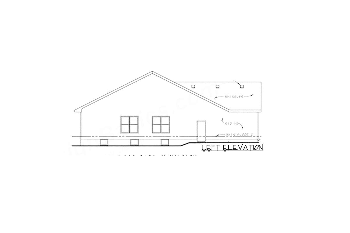 Left elevation drawing of a single-story house plan, showing siding, shingles, two windows, and a door.