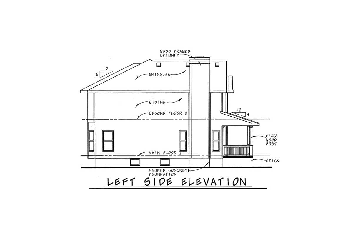 Left side elevation drawing of a two-story house with siding, wood-framed chimney, covered porch, and poured concrete foundation.