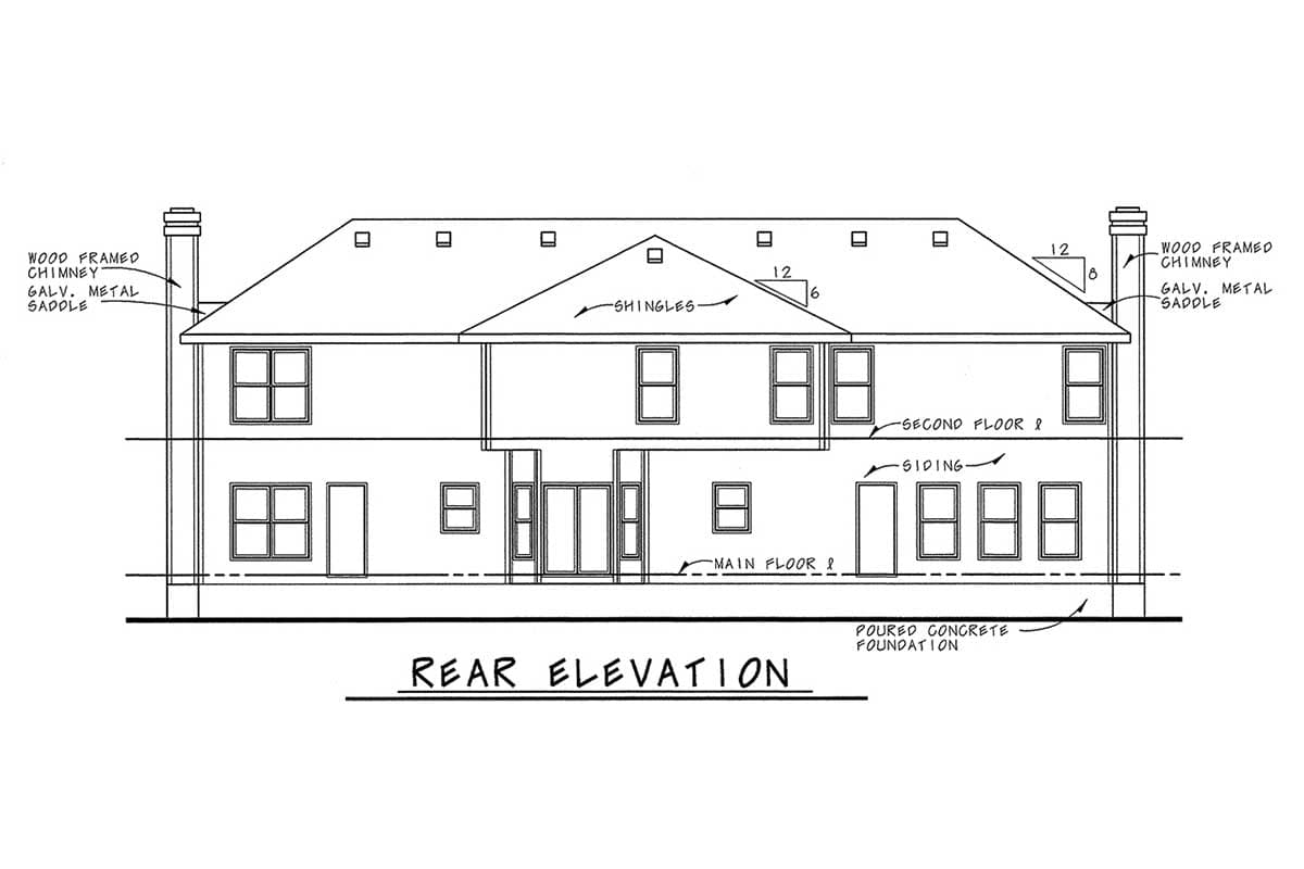 Rear elevation of a two-story house plan featuring wood-framed chimneys, siding, and a poured concrete foundation.