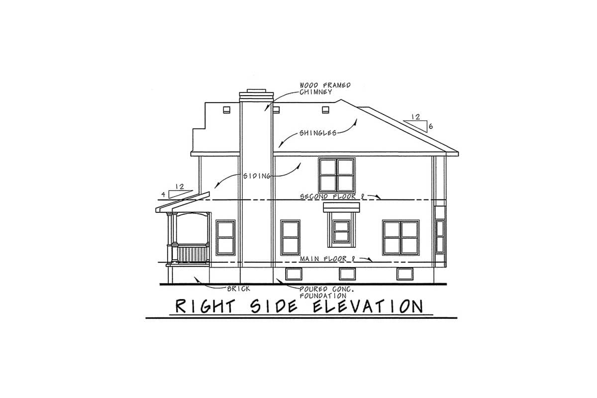 Right side elevation drawing of a two-story house with siding, brick foundation, wood-framed chimney, and front porch.