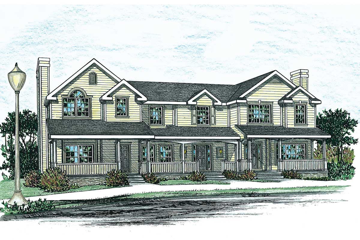 House plan exterior. Two-story Craftsman with front porches, gabled dormers, and a prominent chimney. Multiple units are shown in this rendering.