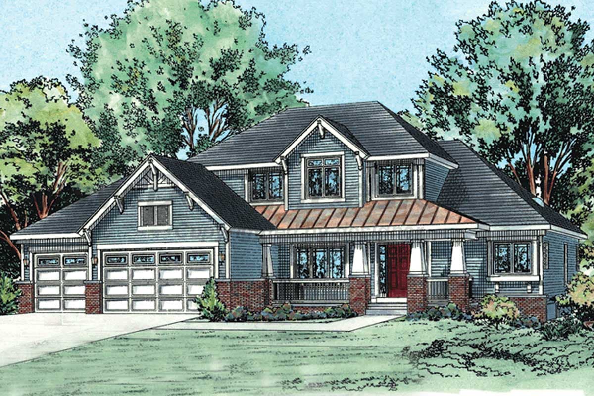 House plan exterior of a two-story home with a front-gabled garage, covered porch with copper roof, and multiple dormers.