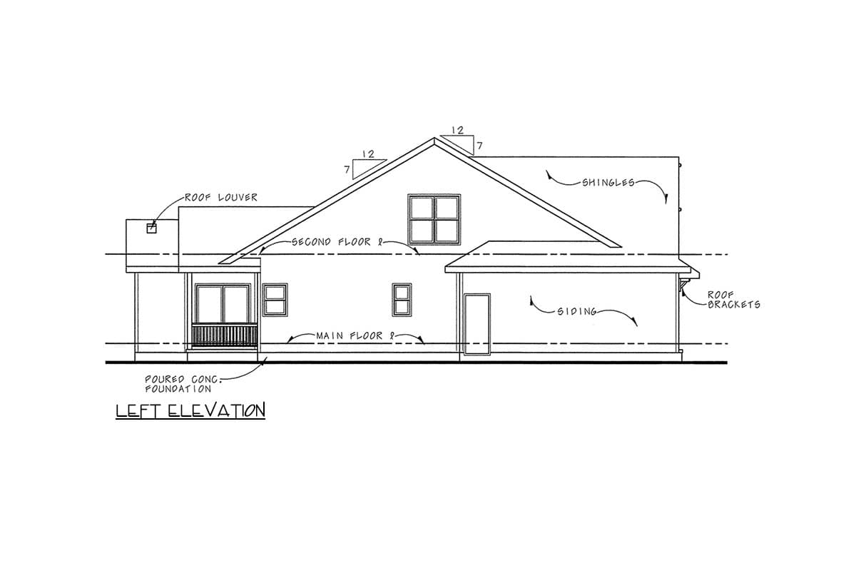 Left elevation house plan drawing showing a two-story structure with a gabled roof, porch, and siding.