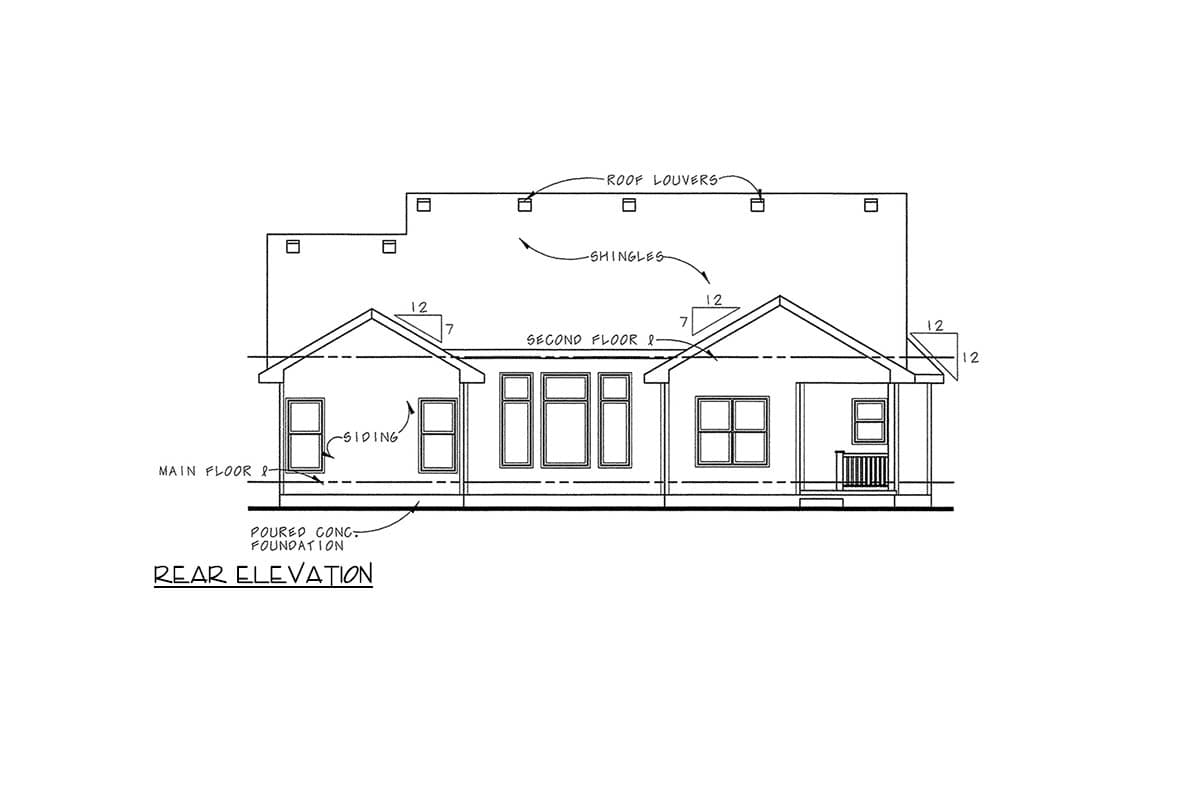 Rear elevation drawing of a house plan with siding, multiple windows, roof louvers, and a poured concrete foundation.