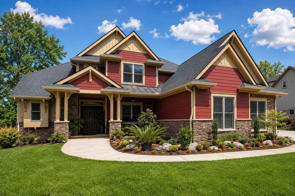 Craftsman-style house plan exterior with a prominent gable, stone accents, and a covered entry with stone pillars.
