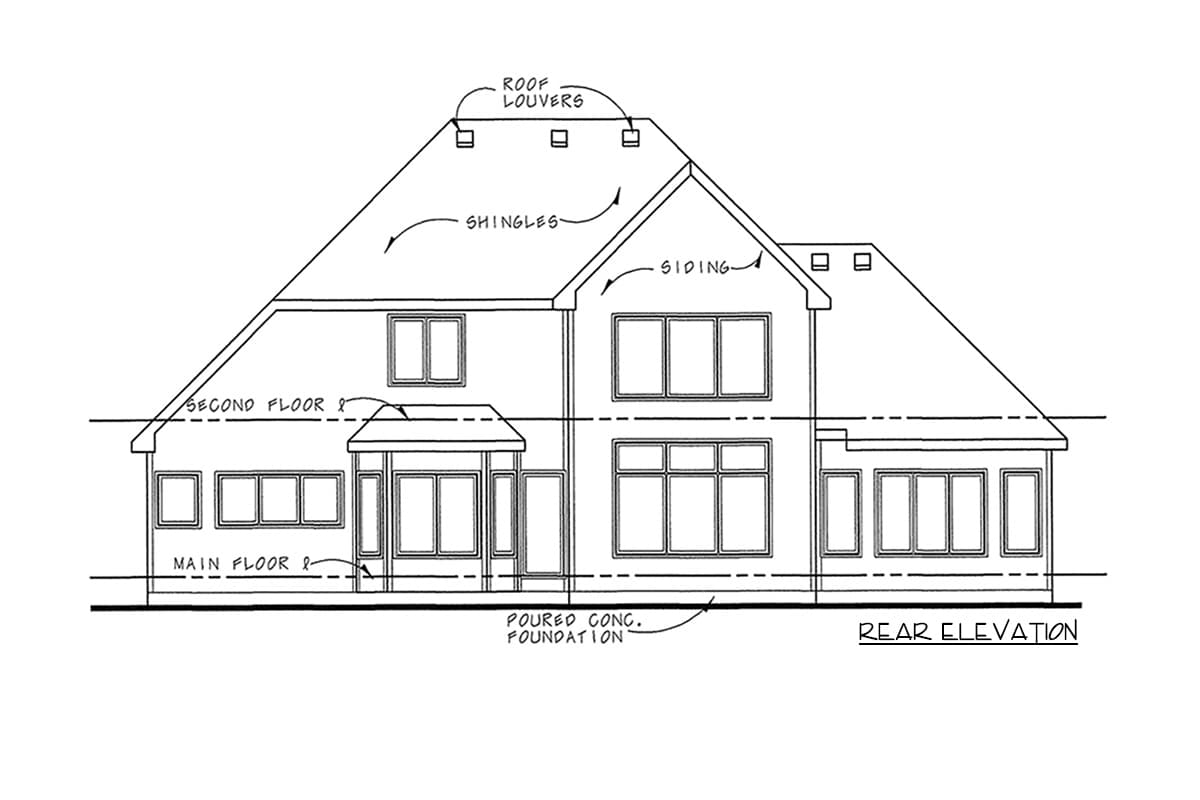 Rear elevation house plan drawing showing two stories, shingled roof with louvers, siding, and a poured concrete foundation.
