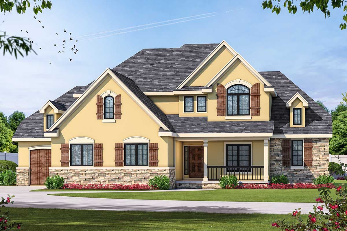 House plan exterior: Two-story home with stone accents, gables, dormers, arched windows with shutters, and a covered front porch.