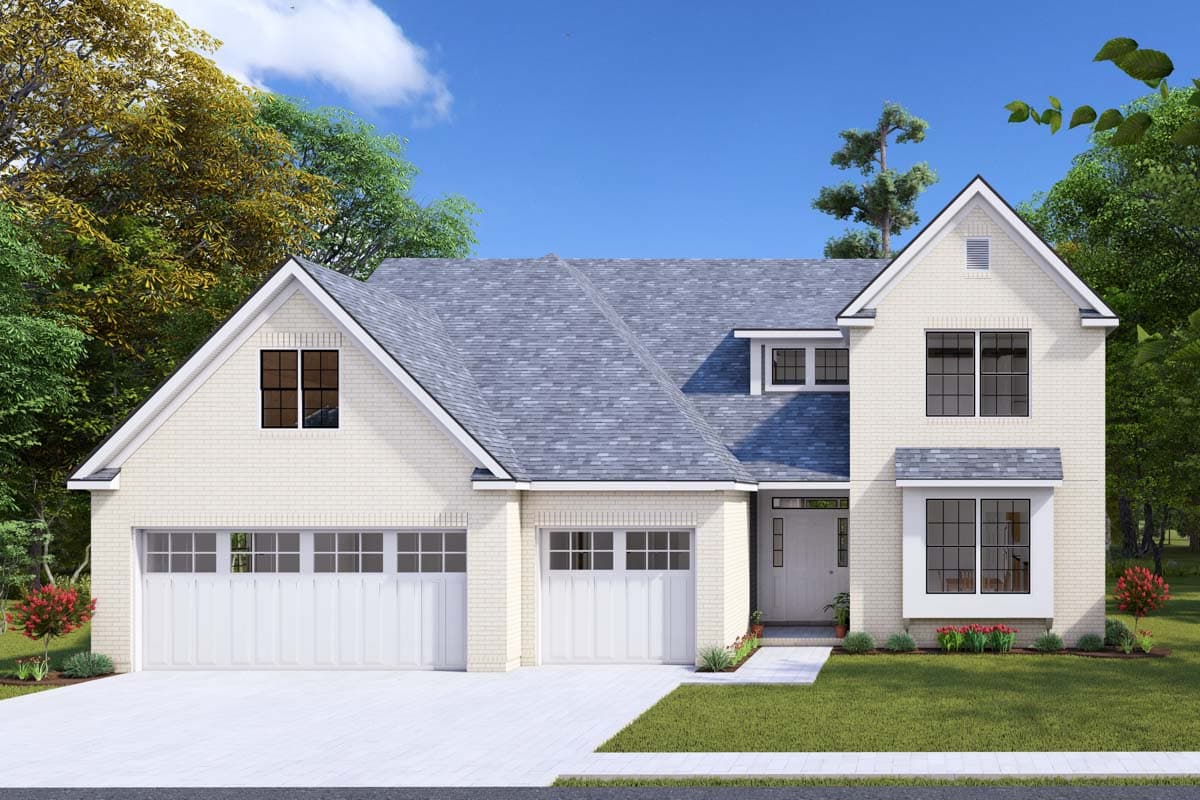 House plan exterior. Two-story home in brick. Features include a two-car garage, multiple gables, and a dormer window.