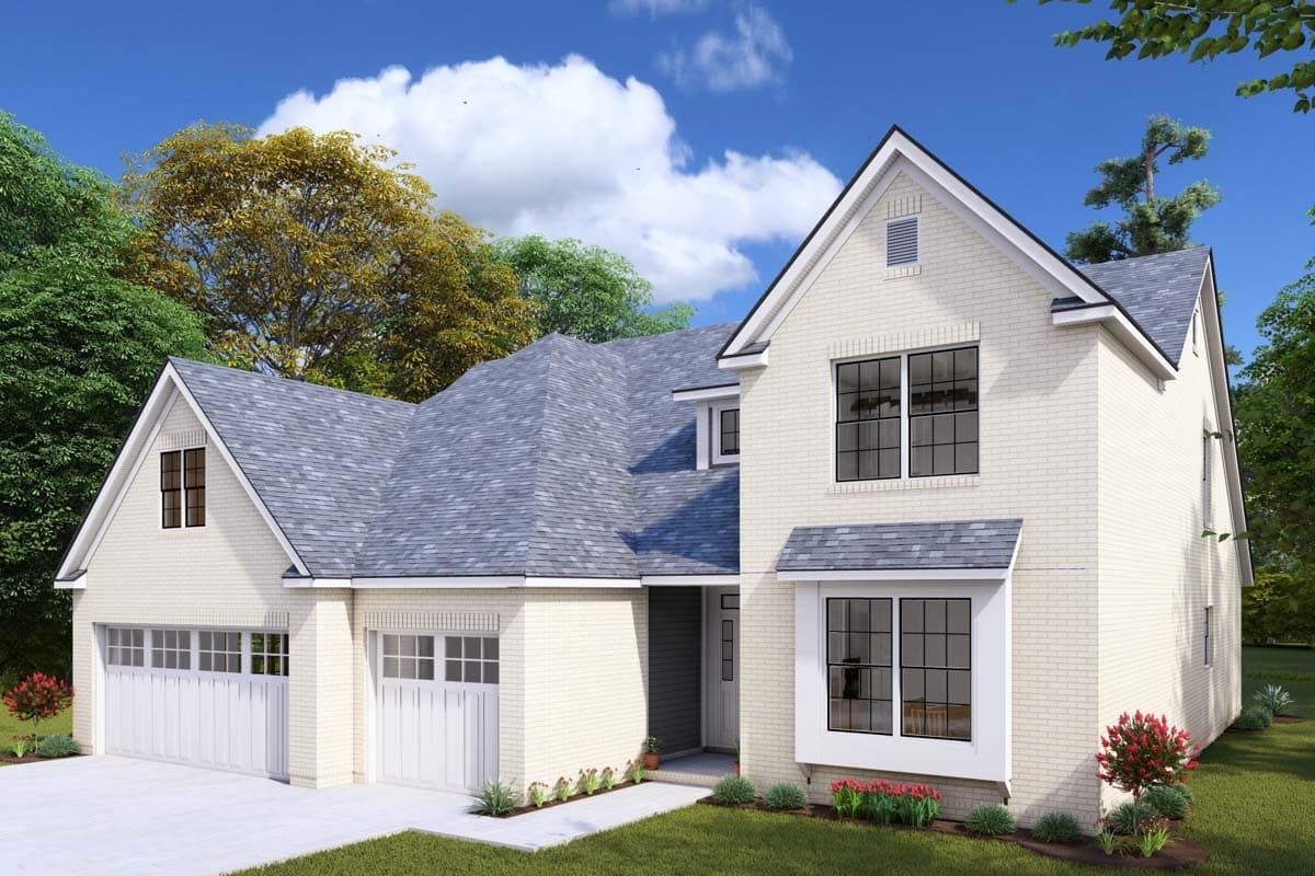 House plan exterior: Two-story Modern Farmhouse with white brick, steeply pitched gables, a bay window, and a three-car garage.