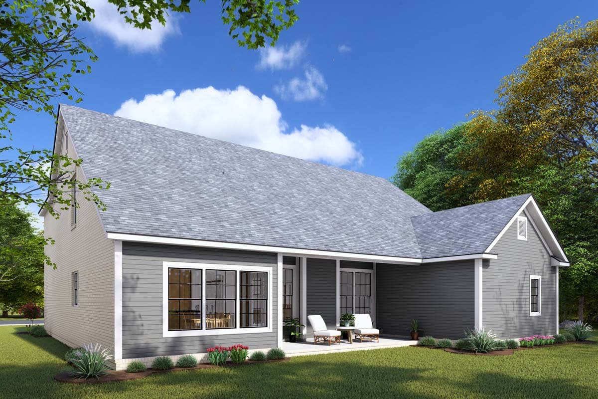 House plan exterior: Two-story Modern Farmhouse with gable dormers, covered porch, and multiple large windows.