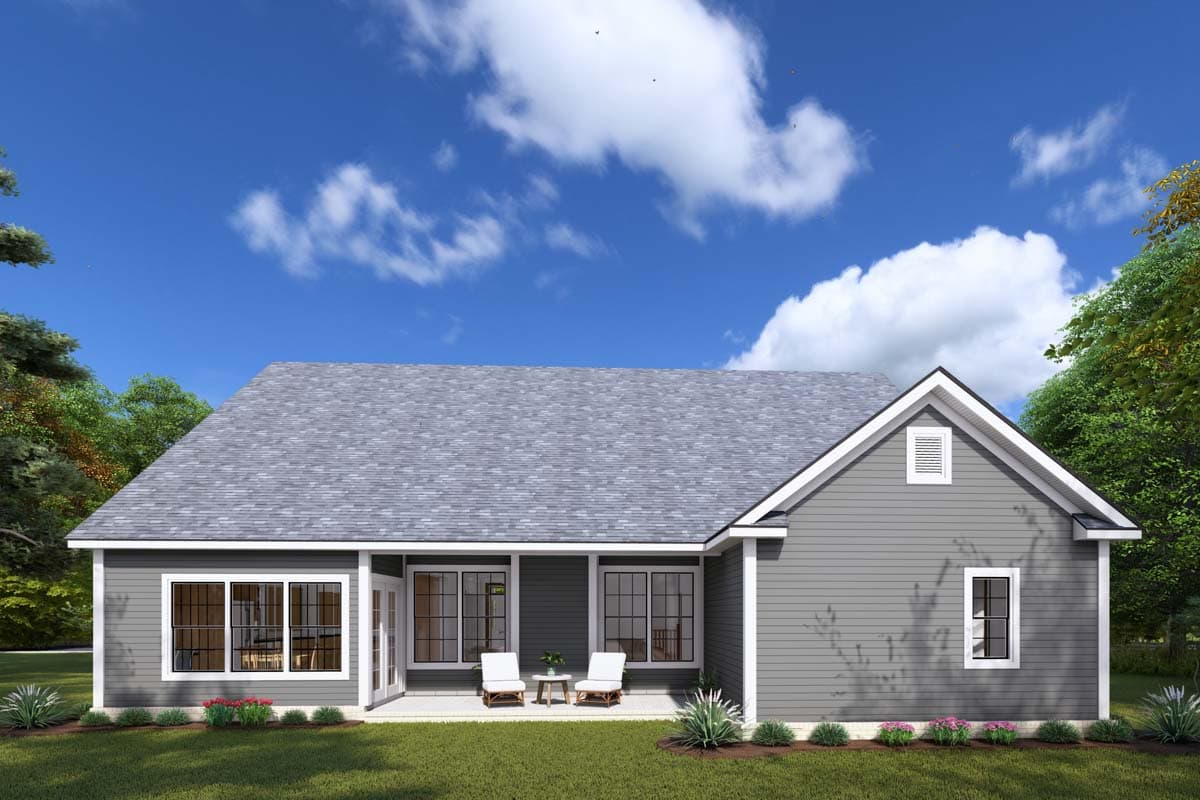 House plan exterior: A one-story Modern Farmhouse design with a gable roof, covered patio, and horizontal siding.