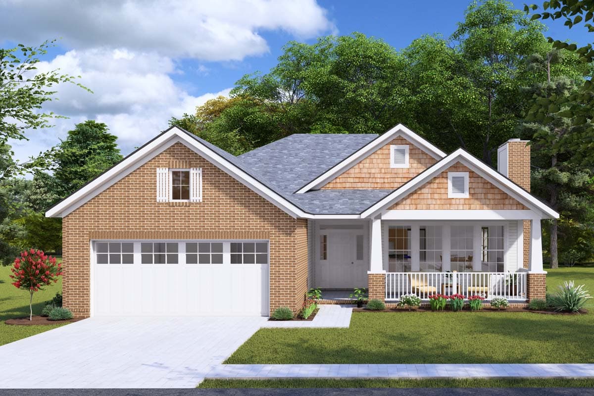 House plan exterior: Brick, one-story home with a front-entry garage, covered porch with white railings, and wood shingle gables.