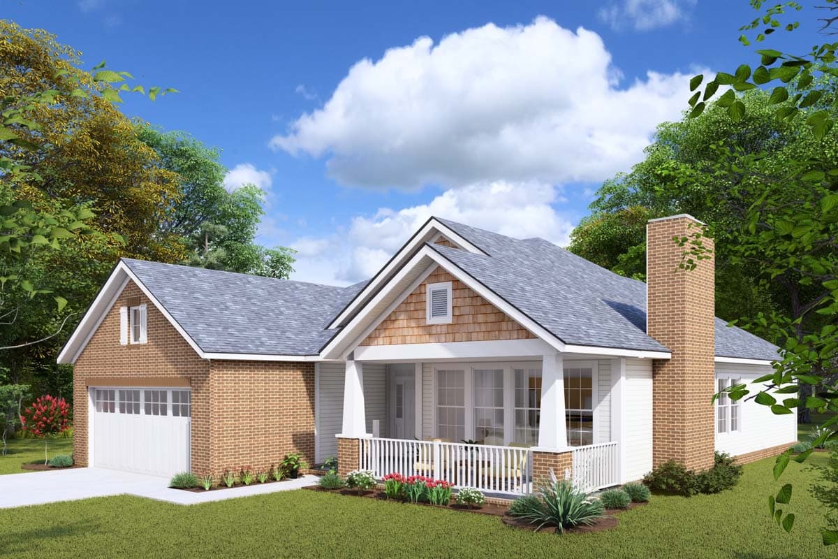 Craftsman style house plan exterior with brick accents, covered front porch with white railings, gabled roof, and attached garage.