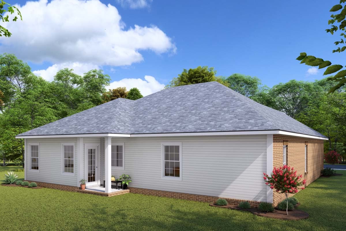 Ranch house plan exterior with a covered porch, gabled roof, and brick and vinyl siding.