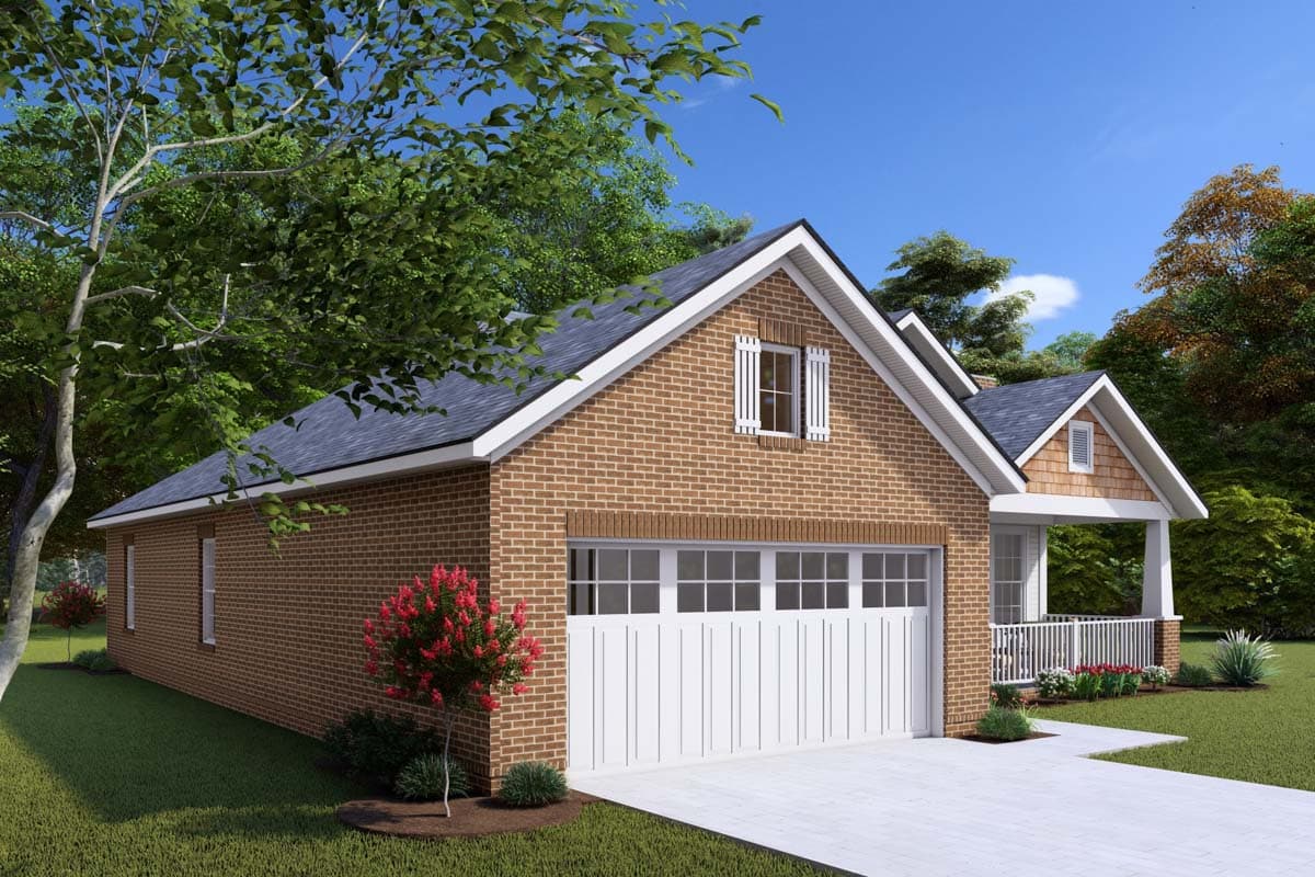 House plan exterior: Brick building with a gable roof, two-car garage, dormer window, and a covered porch with railing.