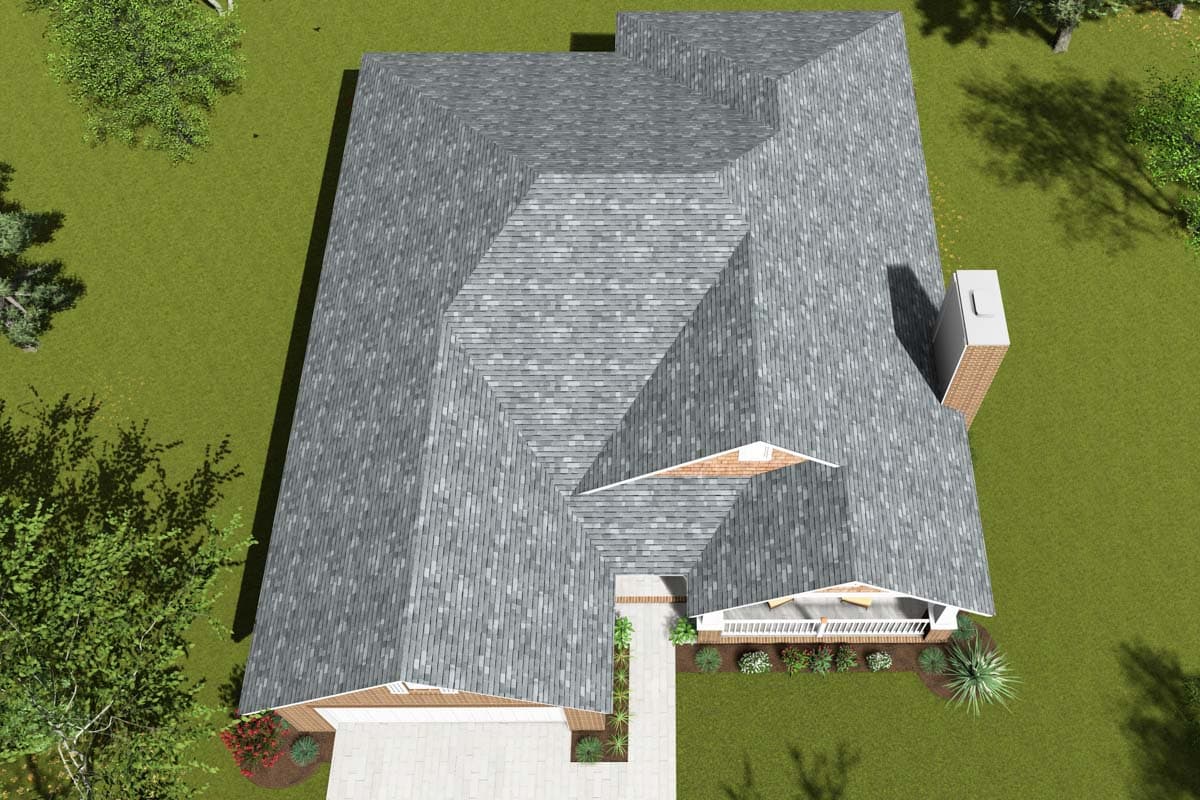 House plan exterior, aerial view of a single-story home with intersecting gable rooflines and a brick chimney.