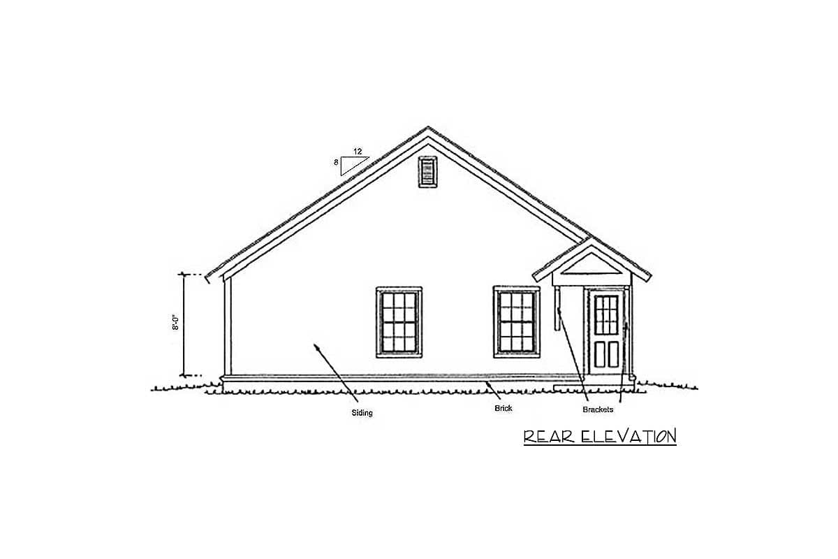 Rear elevation drawing of a one-story house plan showing siding, brick, a covered entryway with a door, and two windows.
