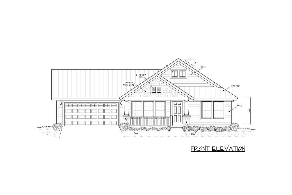 Front elevation of a house plan with a metal roof, simulated shake siding, brick base, and a covered porch.