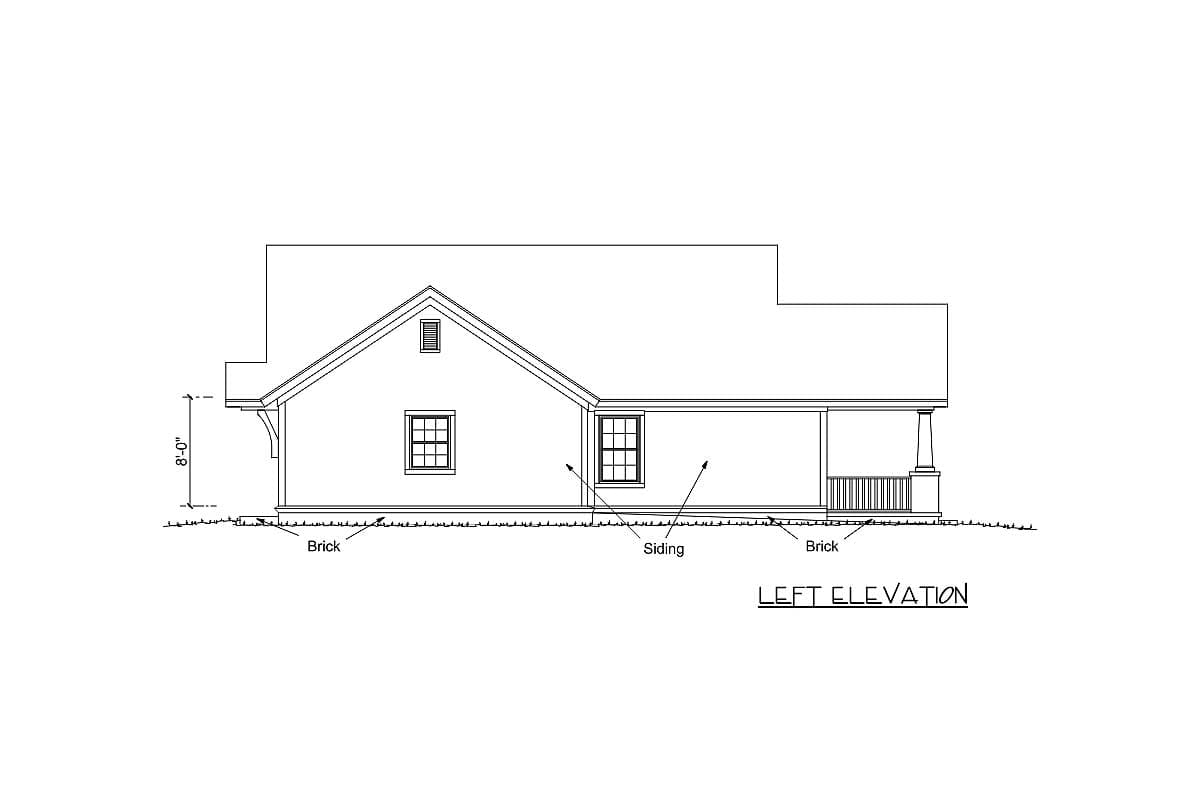 Left elevation drawing of a house plan with brick and siding, featuring two windows and a covered porch.