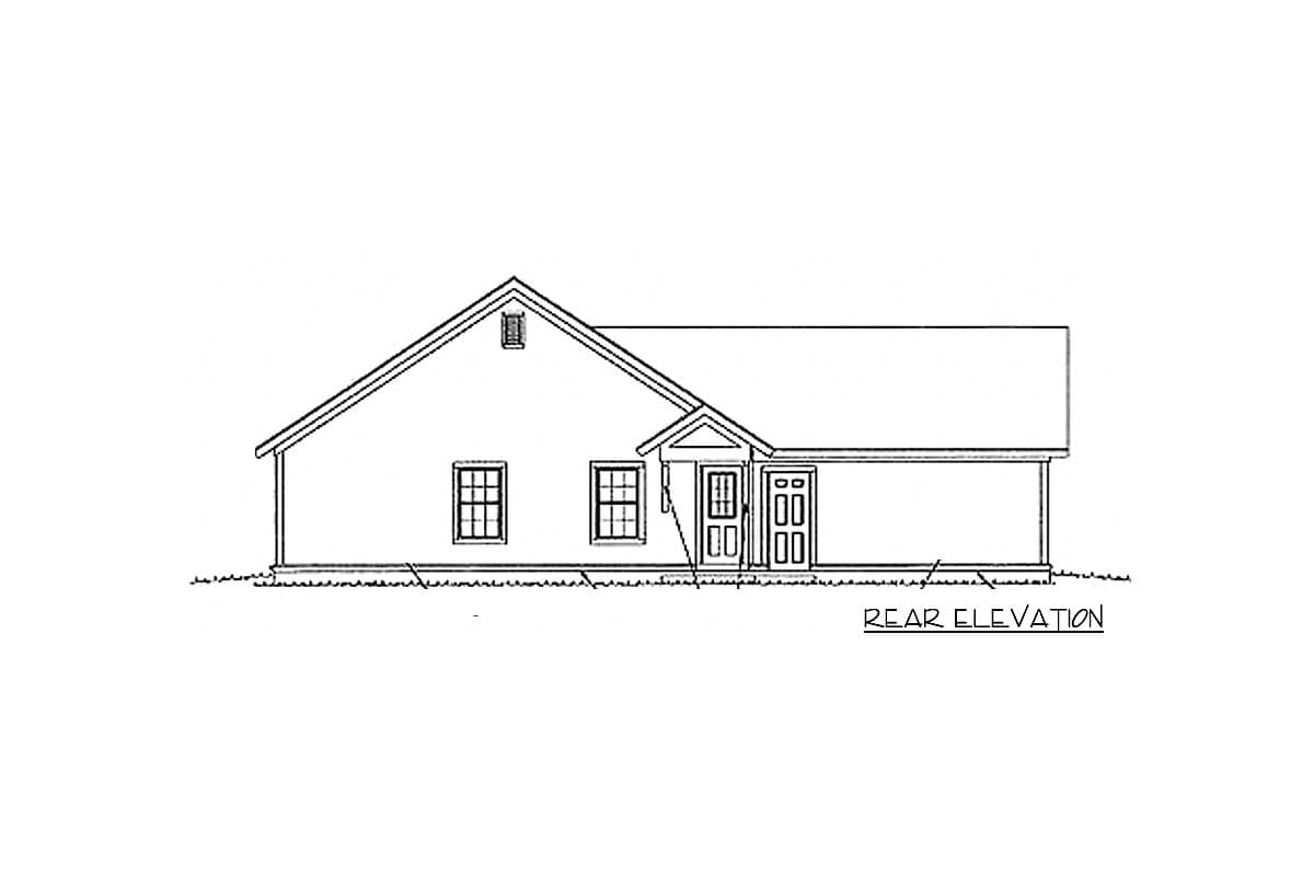 Rear elevation drawing of a single-story house with a gable roof, two windows, and three doors.