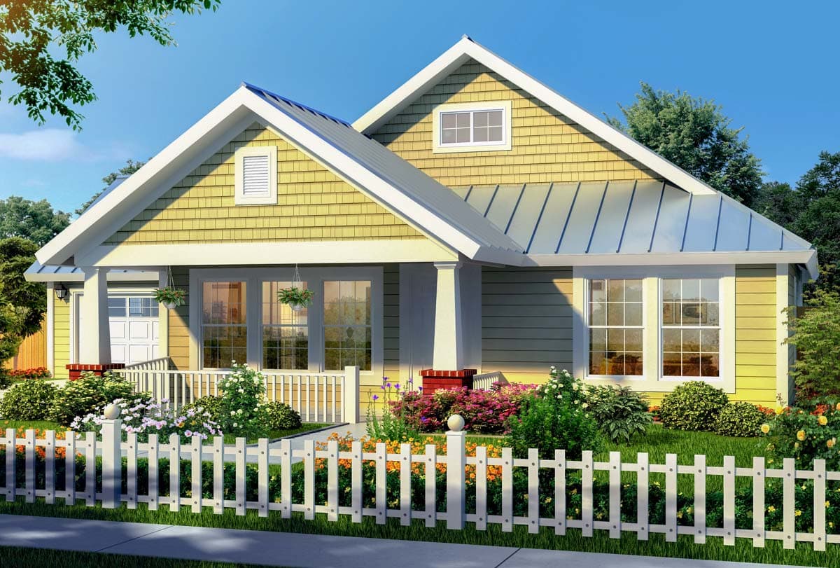 Modern farmhouse style house plan exterior with metal roof, front porch, double-hung windows, and gable dormer.