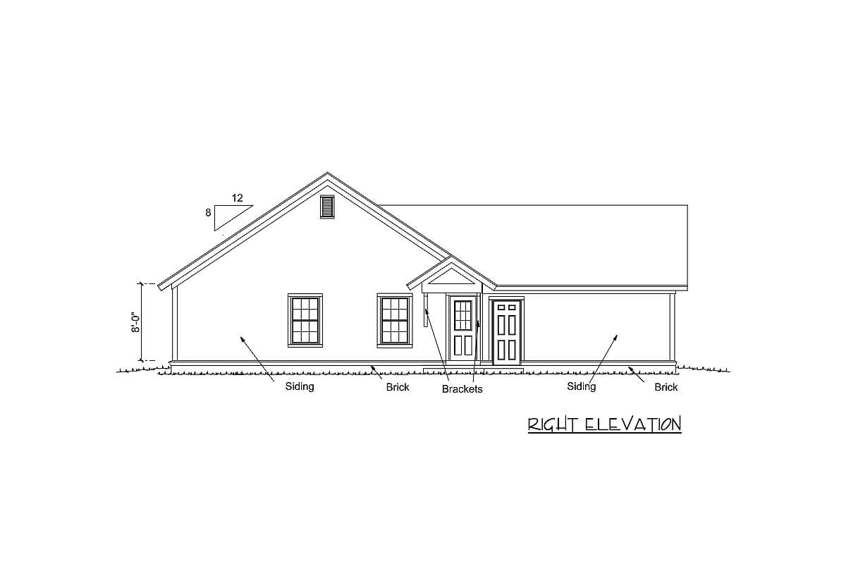Right elevation house plan showing siding, brick, two windows, covered entry with brackets, and two doors.