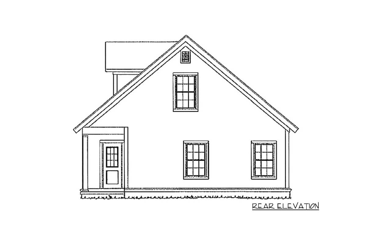Rear elevation drawing of a house plan with a prominent gable roof, entryway, and four windows.