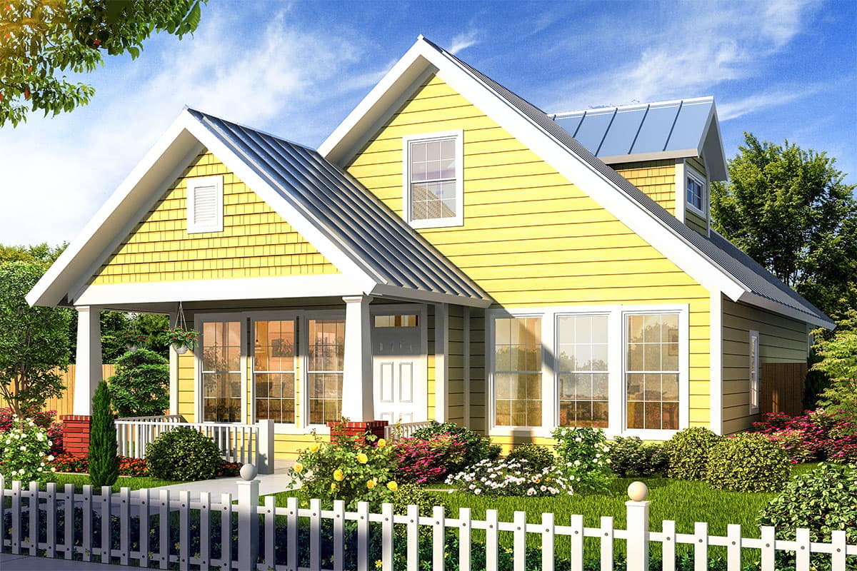 House plan exterior: Yellow clapboard siding, metal roof, covered porch with white columns, gabled dormer, and multiple windows.