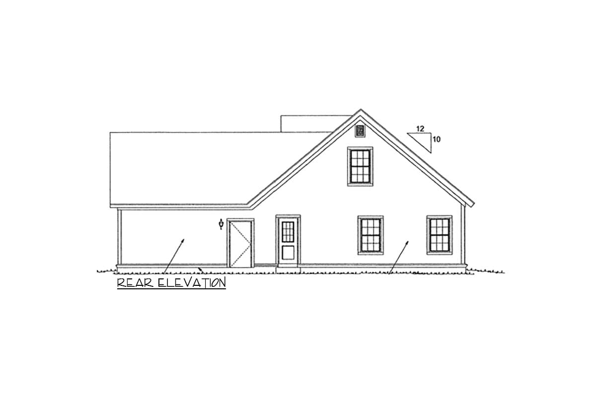 Rear elevation drawing of a two-story house plan featuring a gambrel roof, dormer window, and multiple grid windows.
