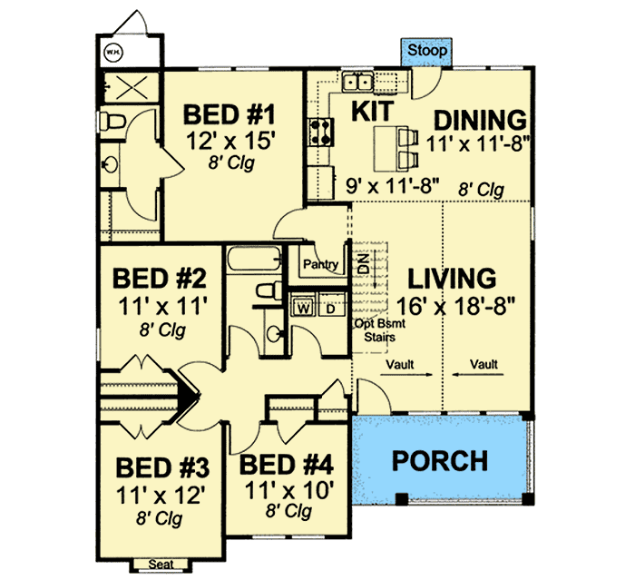 Plan 40516WM: Charming 4-Bed Cottage House Plan with Options - 1481 Sq Ft - Floor Plan - Main Level - Cottage, Southern, Traditional
