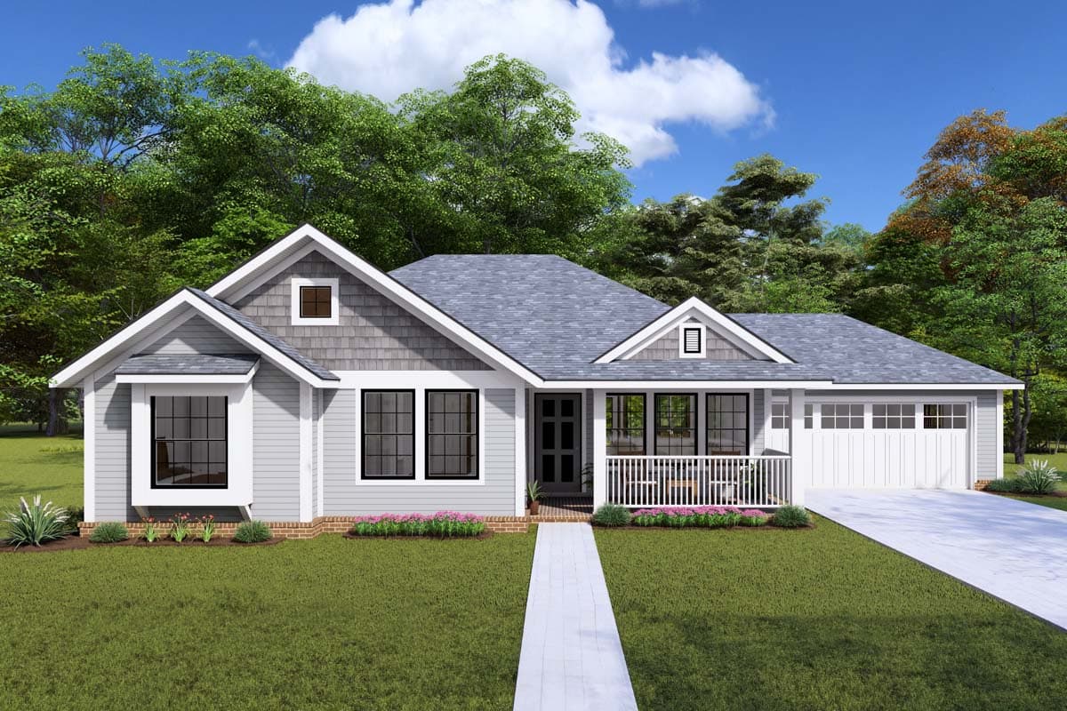 House plan exterior: Modern Farmhouse style, one-story with gabled dormer, bay window, covered front porch, and side-facing garage.