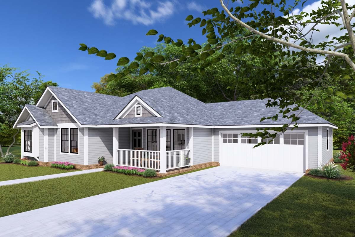 House plan exterior of a one-story Modern Farmhouse with a front porch, gable dormers, and a three-car garage.