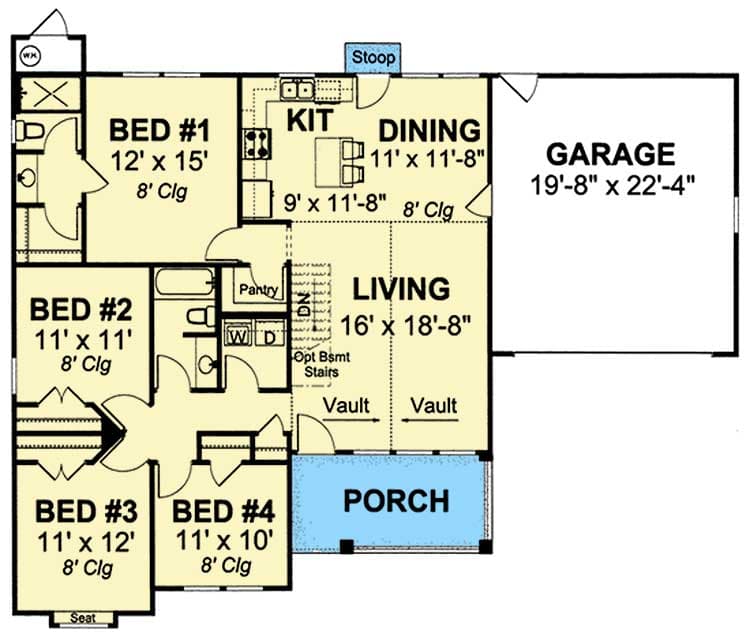 Plan 40517WM: Charming 4-Bed Southern Cottage with Attached Garage - 1481 Sq Ft - Floor Plan - Main Level - Southern