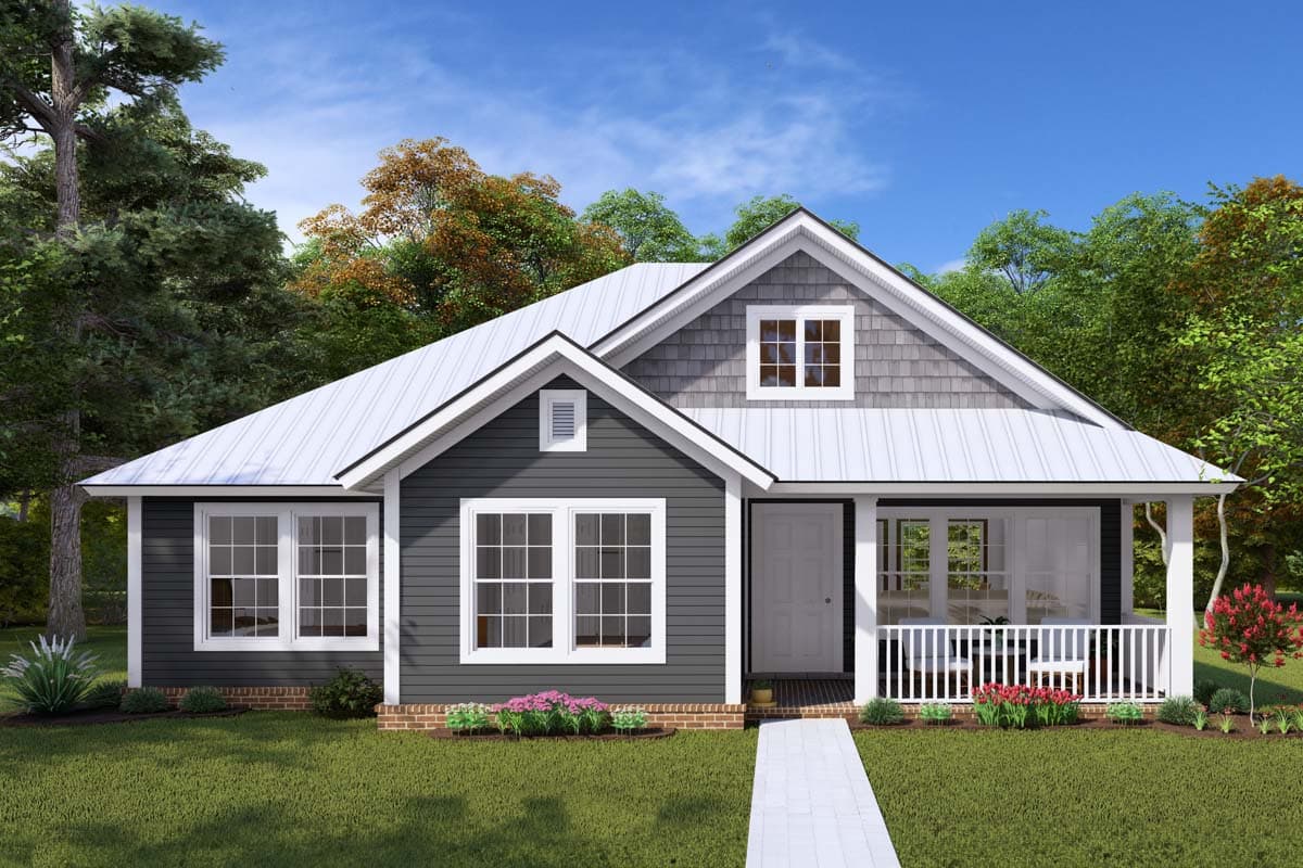 House plan exterior: One-story Modern Farmhouse with metal roof, front porch, gable dormer, and multiple windows.
