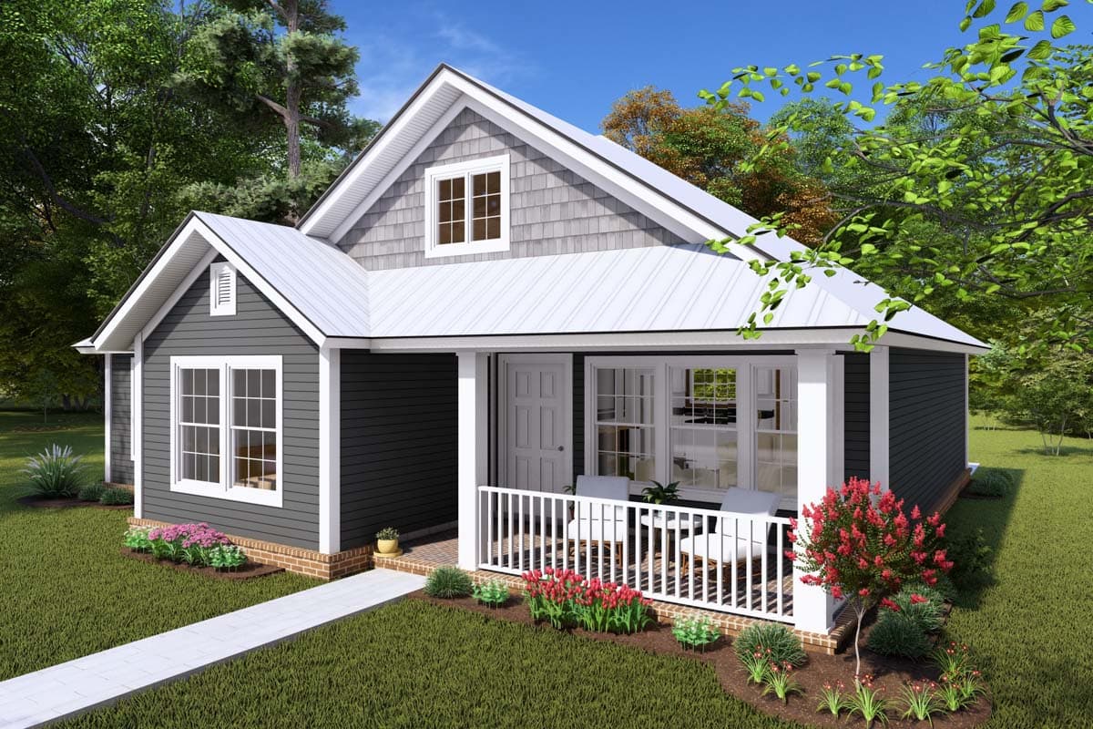 House plan exterior: one-story Modern Farmhouse with metal roof, gabled dormer, and covered front porch.