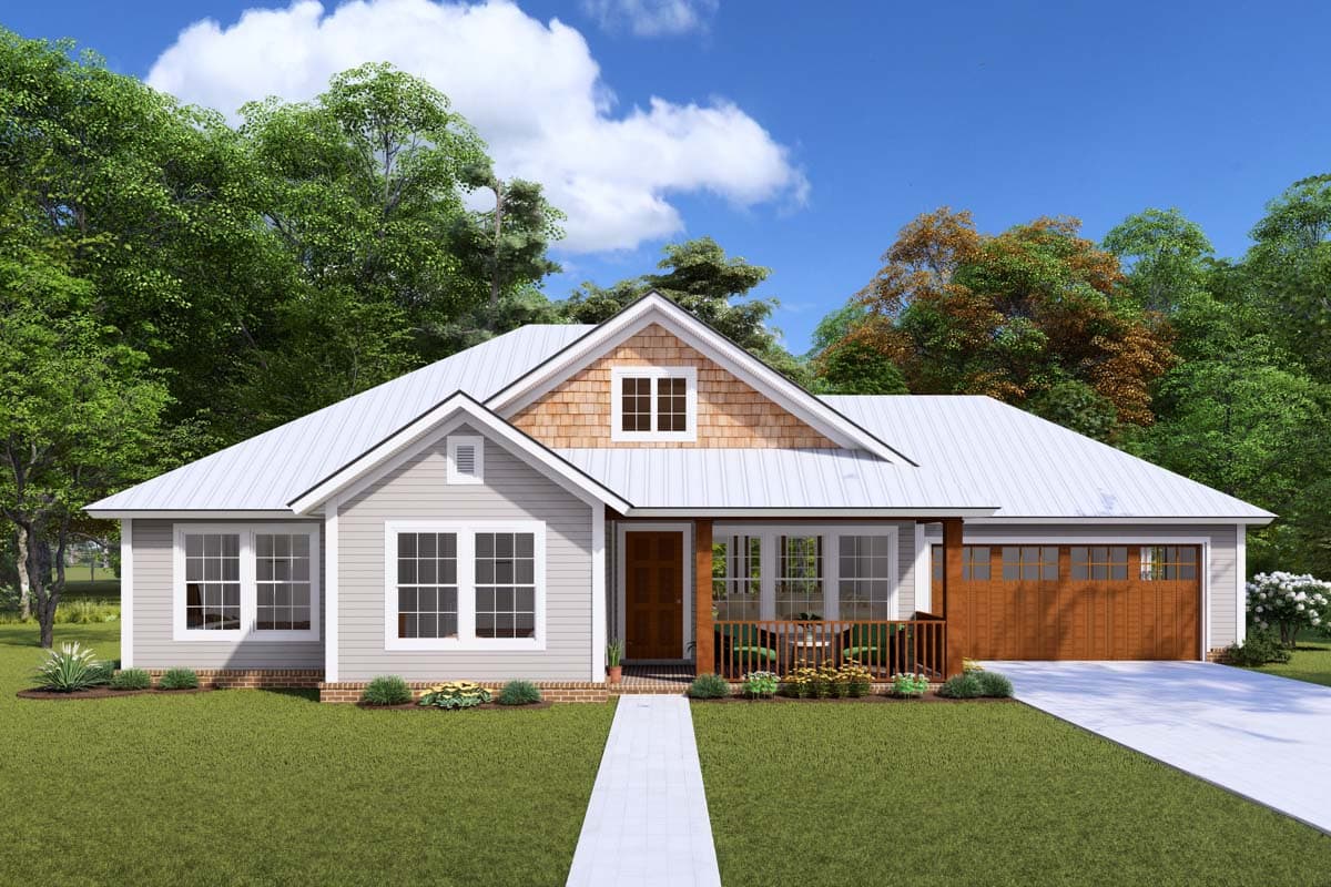 House plan exterior: Single-story Modern Farmhouse with metal roof, covered front porch with wood accents, and side-facing garage.