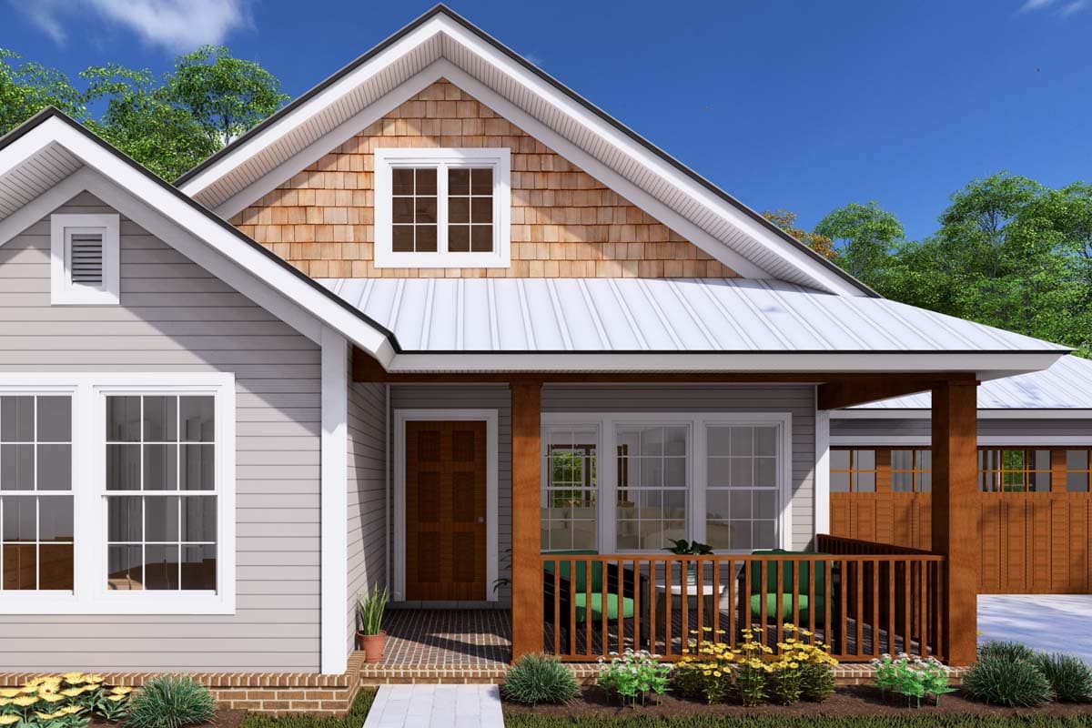 House plan exterior: Modern Farmhouse style, one story with a covered front porch, gable dormer, and horizontal siding.